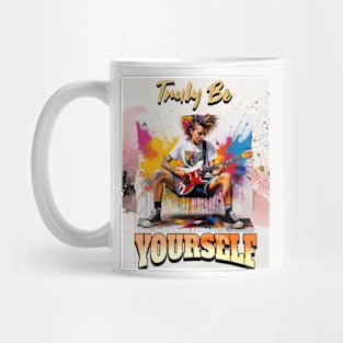 Truly Be Yourself, female rock guitarist painted hair, wall Mug